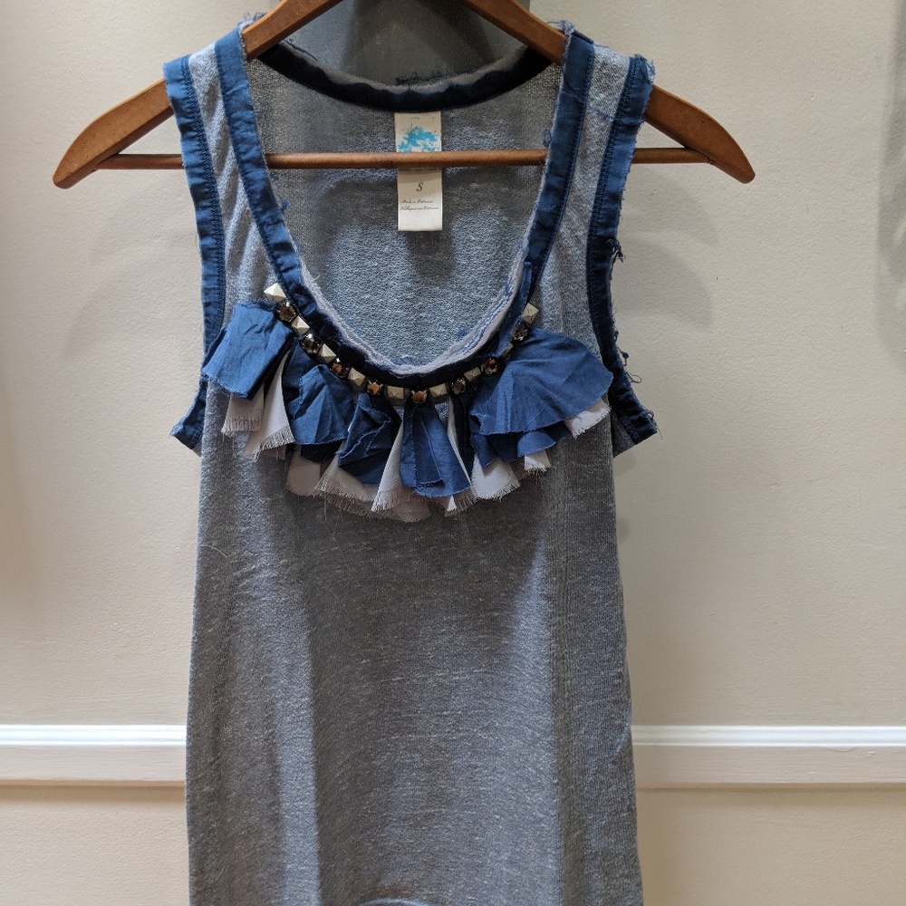 Anthropologie blue tank top with gem tassel detail